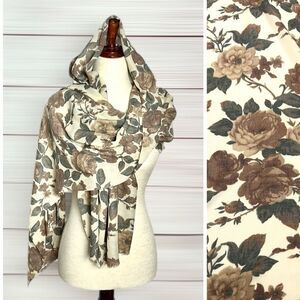 Echo Oblong Scarf Shawl Floral Ivory Taupe Viscose Blend Lightweight 78x27”